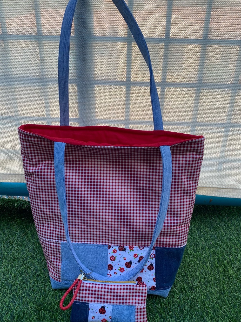 Red Gingham Tote Bag with Denim Accents - Unbranded